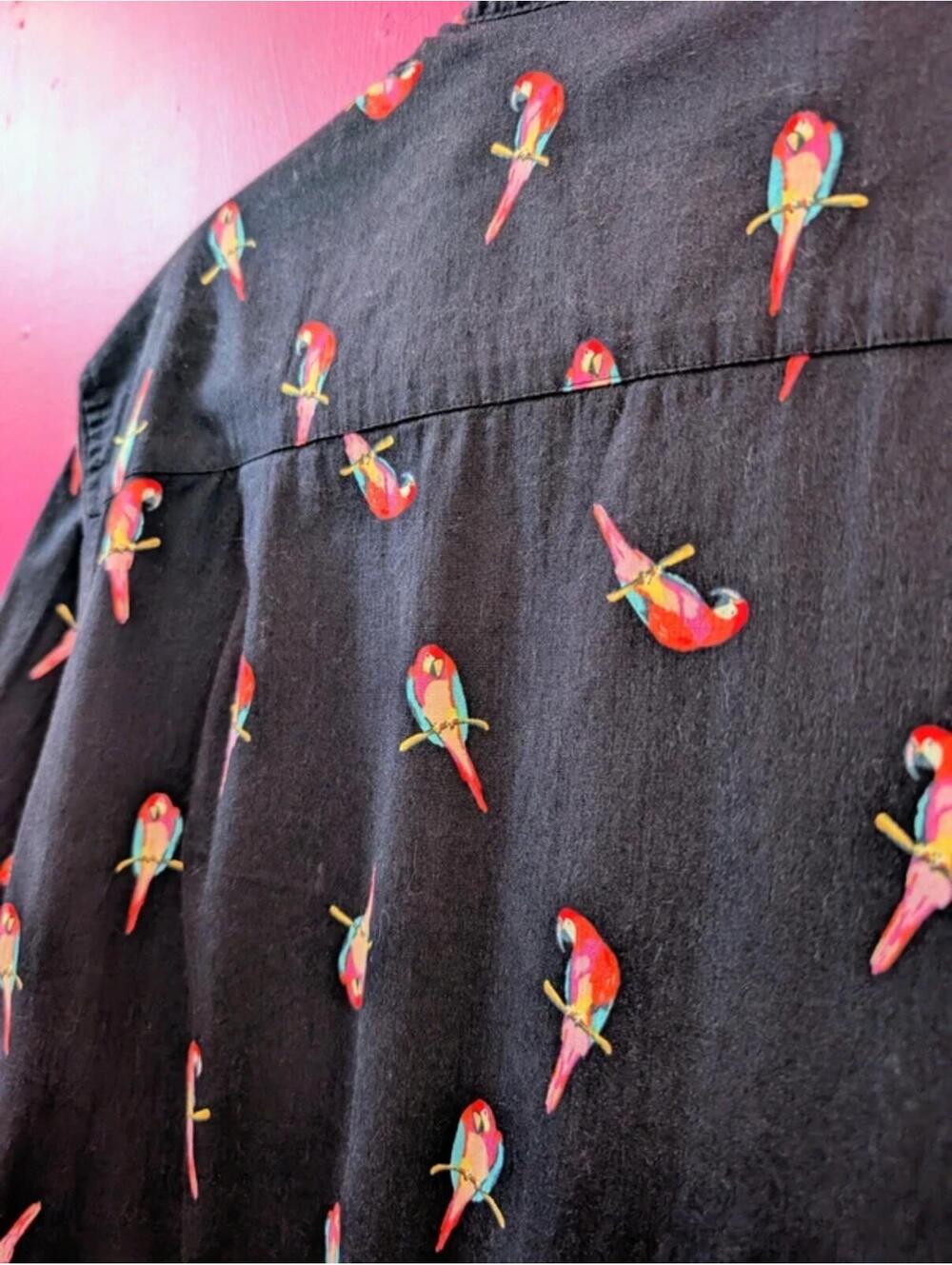 Men's Black Cotton Parrot Print Summer Shirt L - Picture 4 of 4